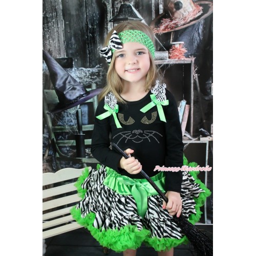  Halloween Black Long Sleeve Top Zebra Ruffles Dark Green Bow & Sparkle Rhinestone Black Cat Face & Dark Green Zebra Pettiskirt MW553
